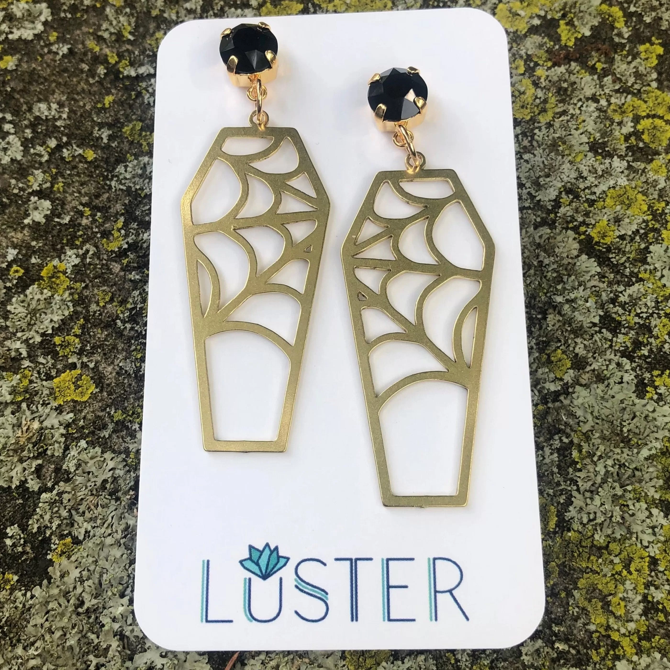 Luster Jewellery>Brass Cobweb Coffin Earrings