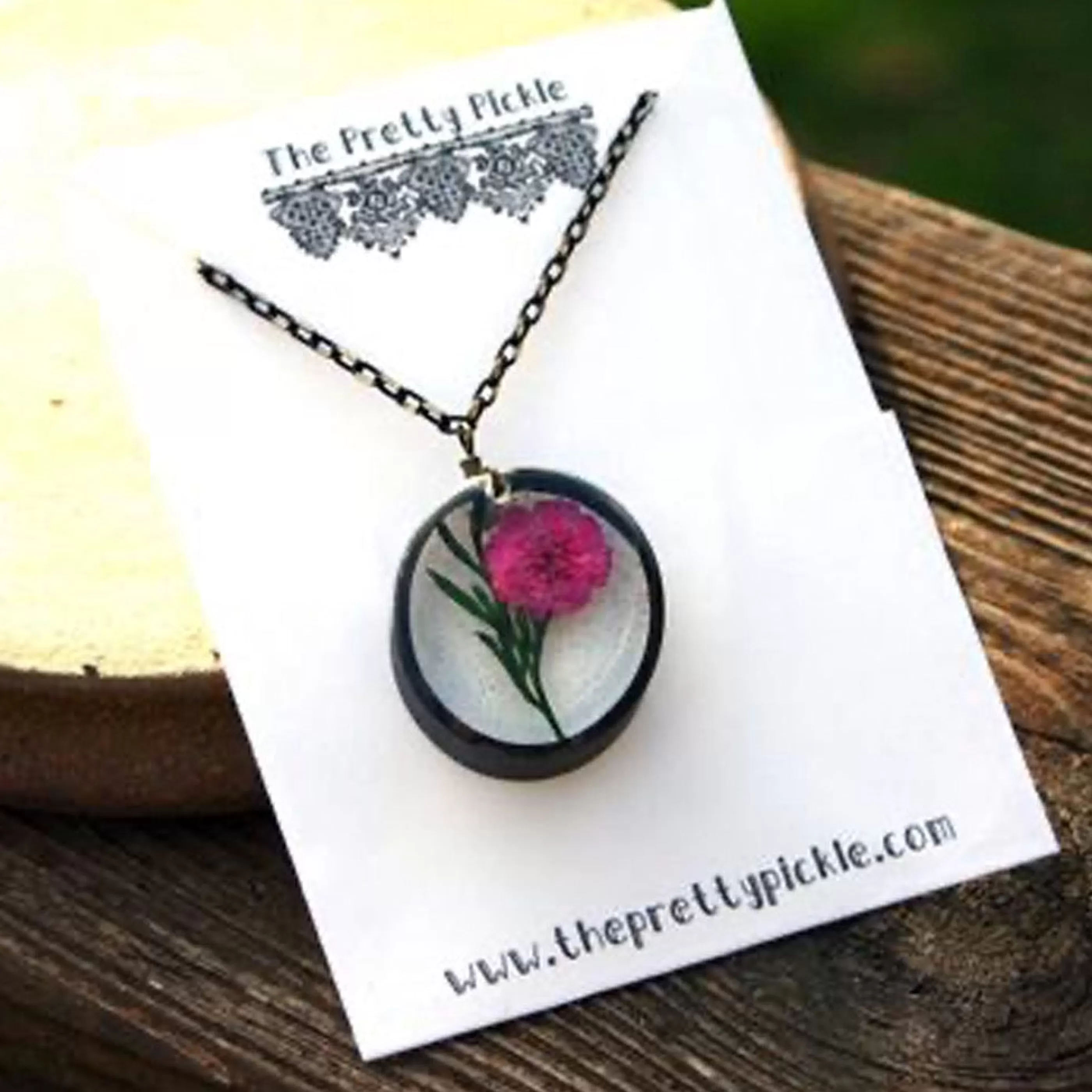 The Pretty Pickle Jewellery>Pink Carnation And Green Fern Necklace