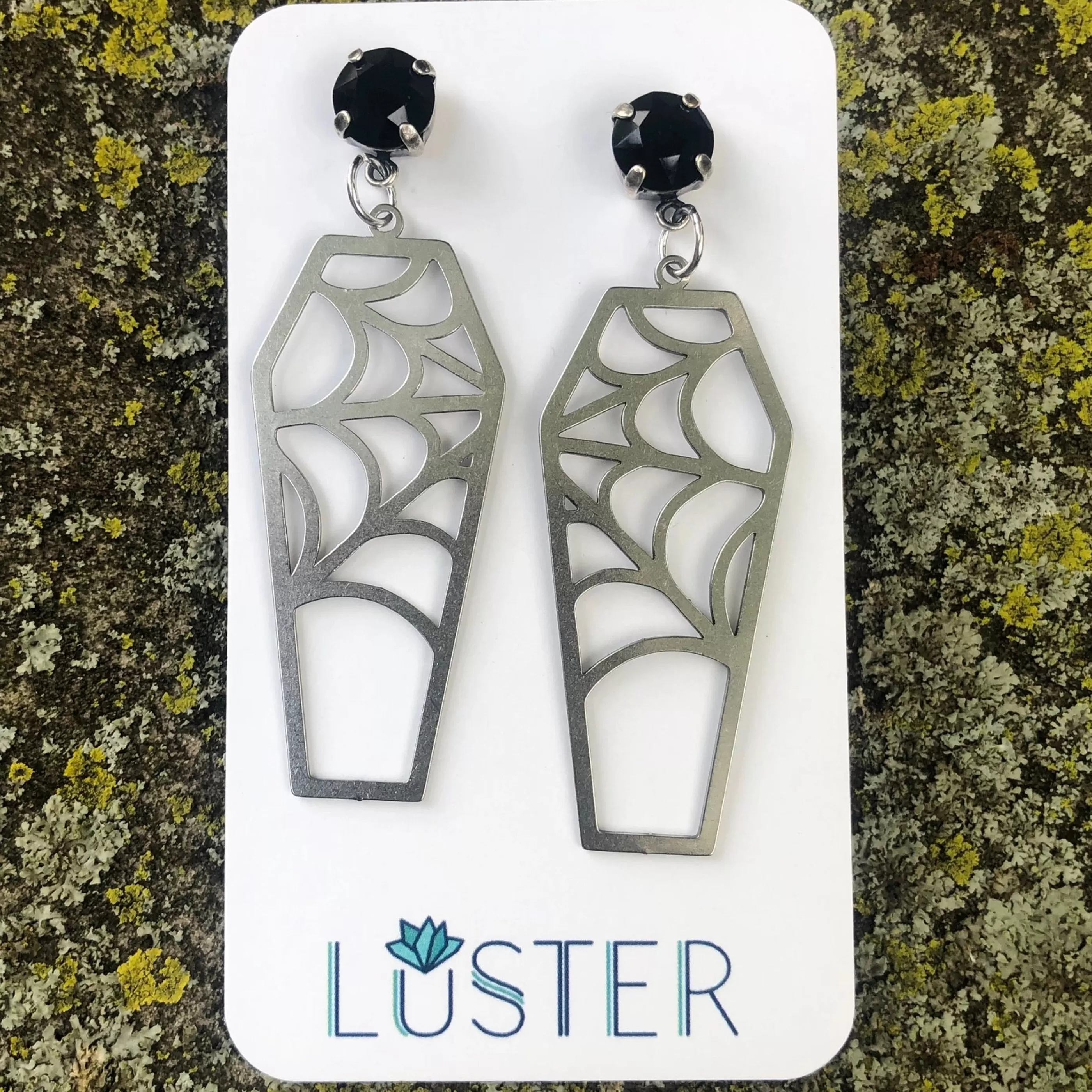 Luster Jewellery>Silver Cobweb Coffin Earrings