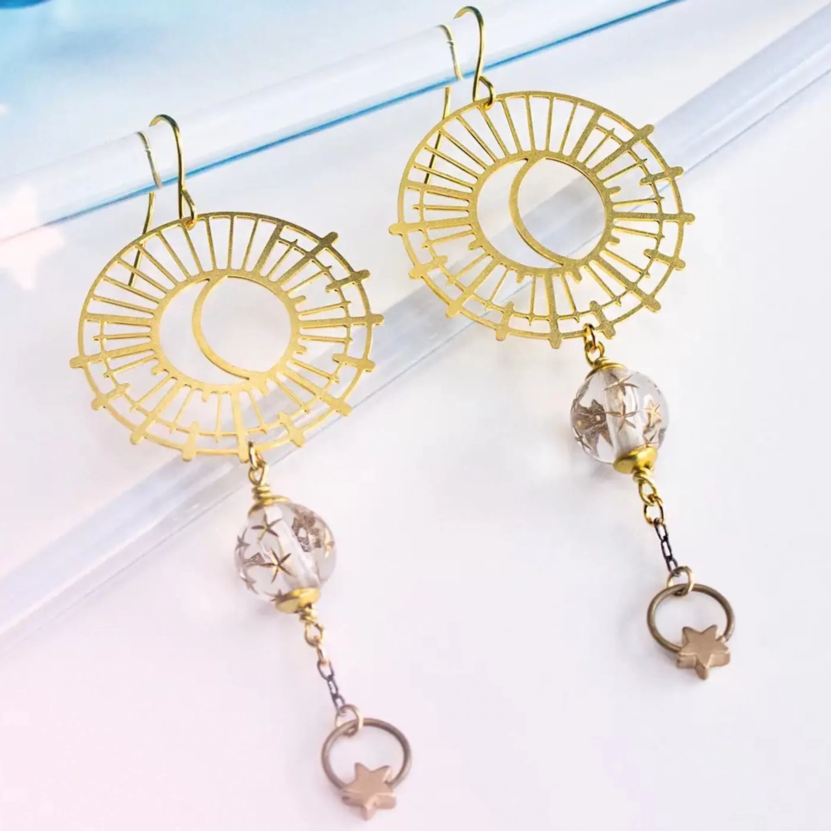 A Tea Leaf Jewelry Jewellery>Sun And Moon Earrings With Vintage Clear Star Beads