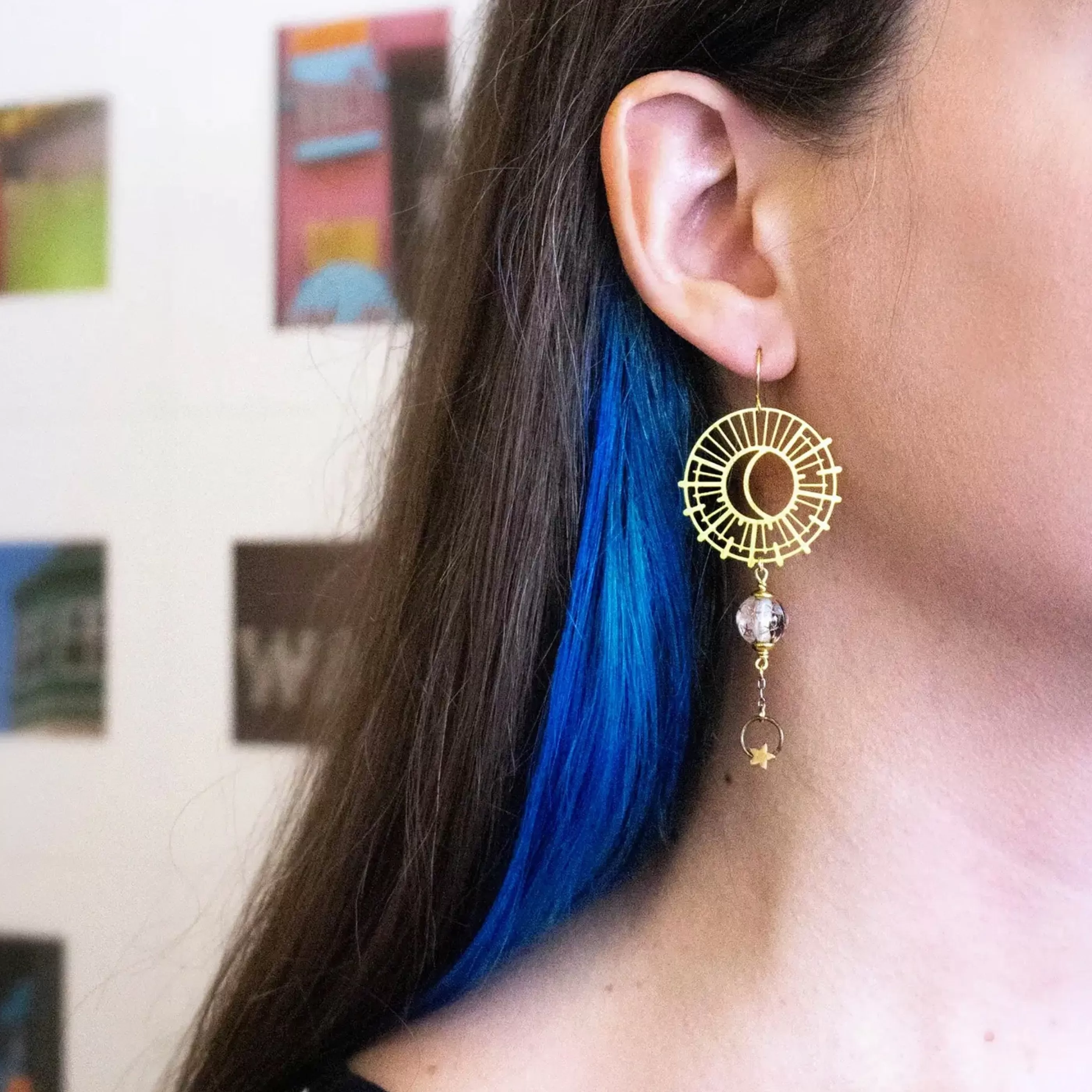 A Tea Leaf Jewelry Jewellery>Sun And Moon Earrings With Vintage Clear Star Beads
